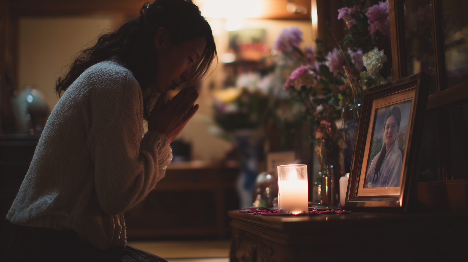 mycari A Japanese woman kneeling in front of a small home altar 6c7b2ac2 6ecd 495e 9344 260ebf8b24e1