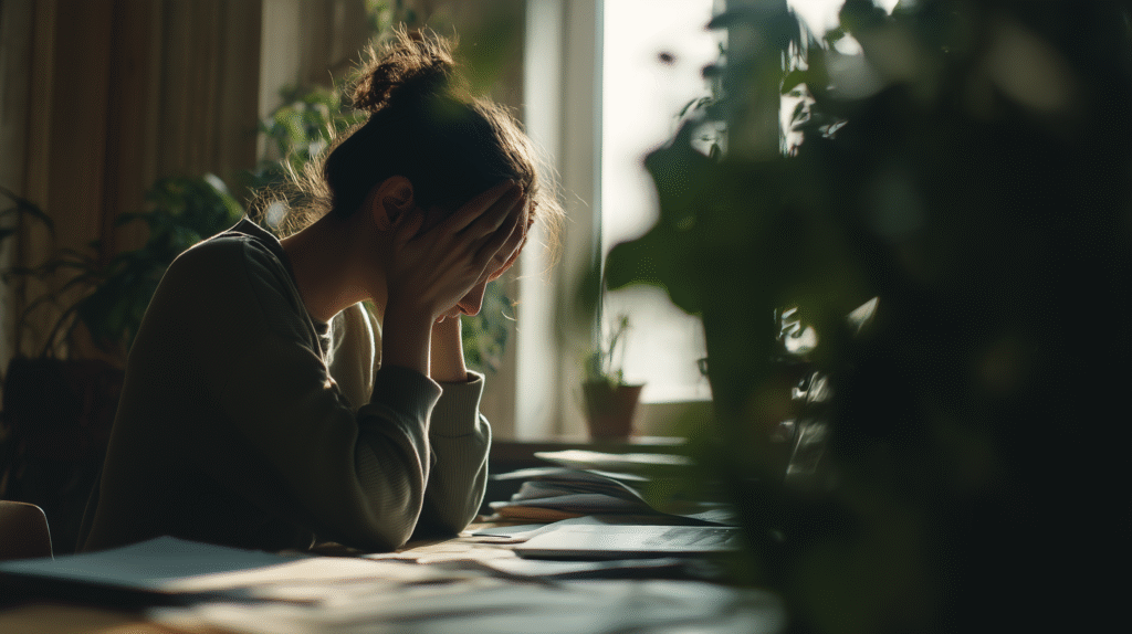 u7193197912 A stressed woman with her head in her hands sitting 5bb2d8f2 dee9 4e71 825f 29f864d536eb 1